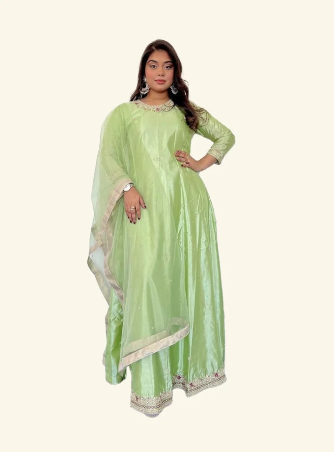 Raw Silk Maxi Met Net Dupatta Mintgroen