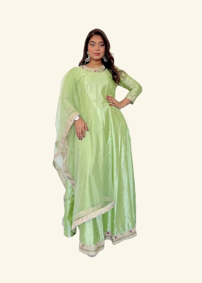 Raw Silk Maxi Met Net Dupatta Mintgroen - Afbeelding 2