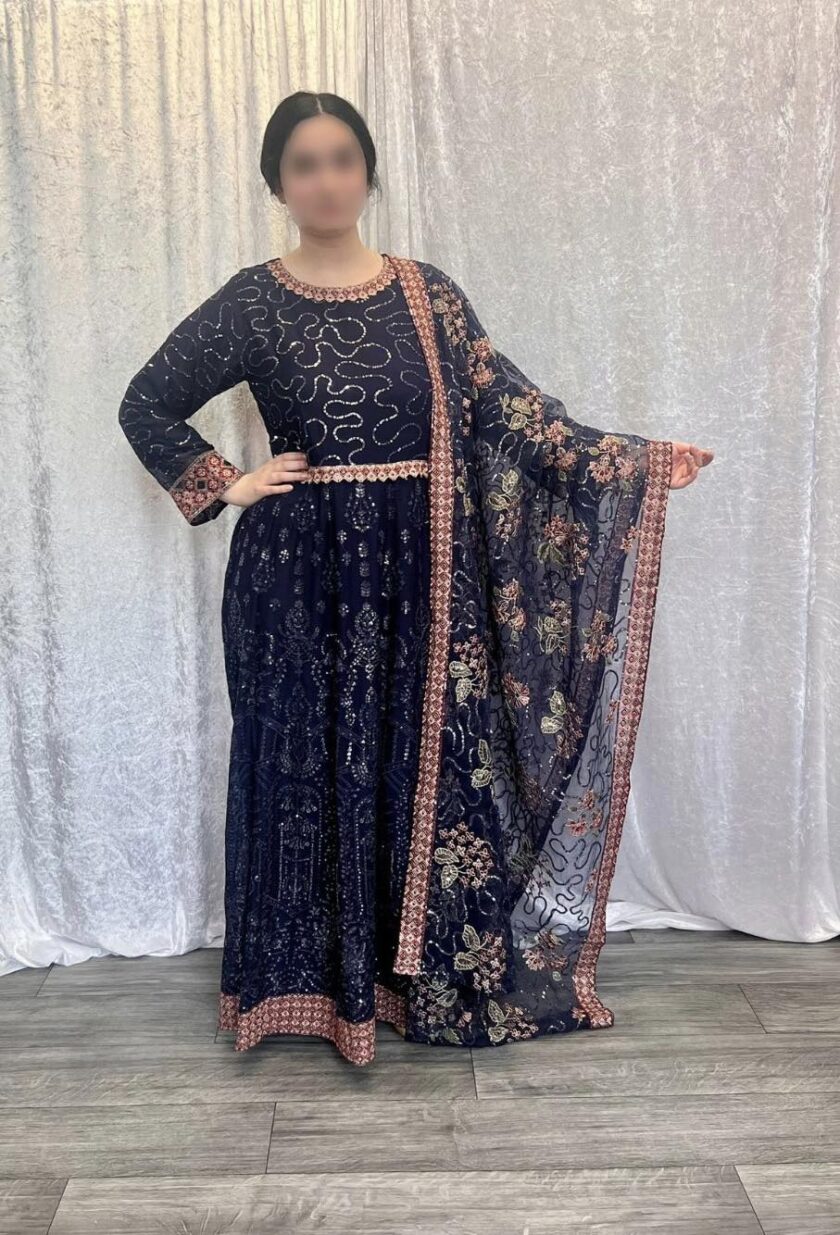 Alizeh maxi navy blue met bloemen dupatta - Afbeelding 3