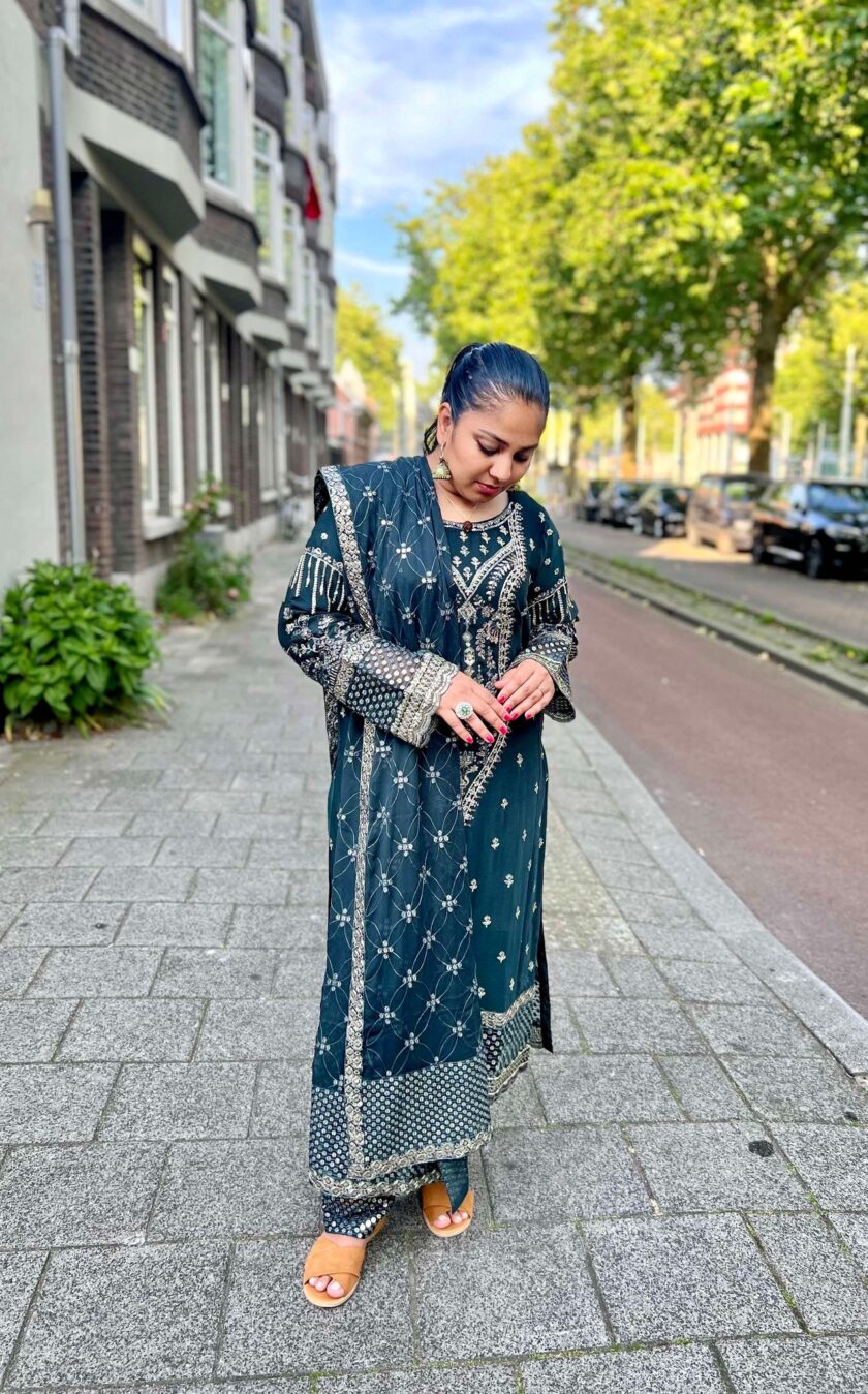 Asim Jofa chiffon suit donkergroen - Afbeelding 4