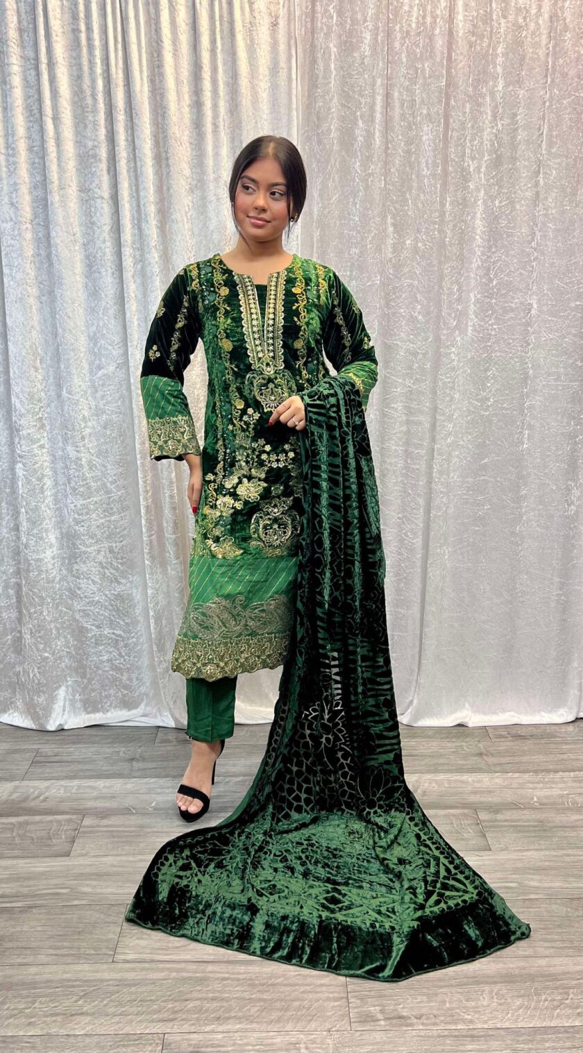 Velvet suit met velvet plachi shawl groen - Afbeelding 9