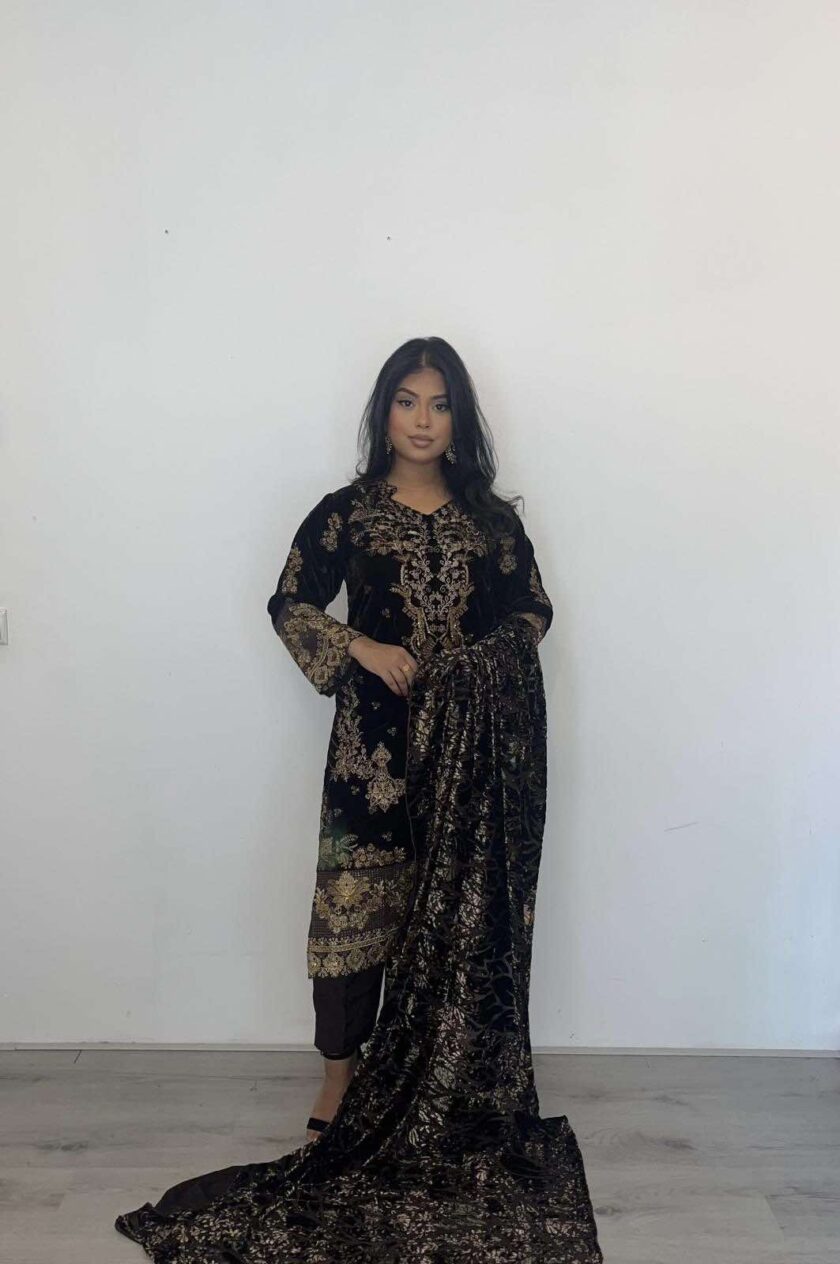 Velvet suit met velvet plachi shawl bruin met goud - Afbeelding 6