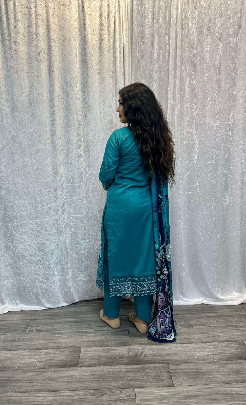 Katoenen suit turquoise met donkerblauw - Afbeelding 3