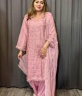 Chiffon suit oud roze volledig draadbewerking - Afbeelding 3
