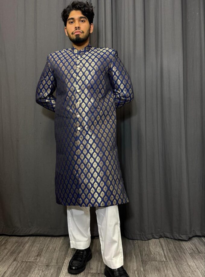 Sherwani banarsi blauw met goud artikel 9445