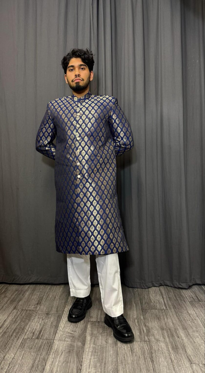 Sherwani banarsi blauw met goud artikel 9445 - Afbeelding 3