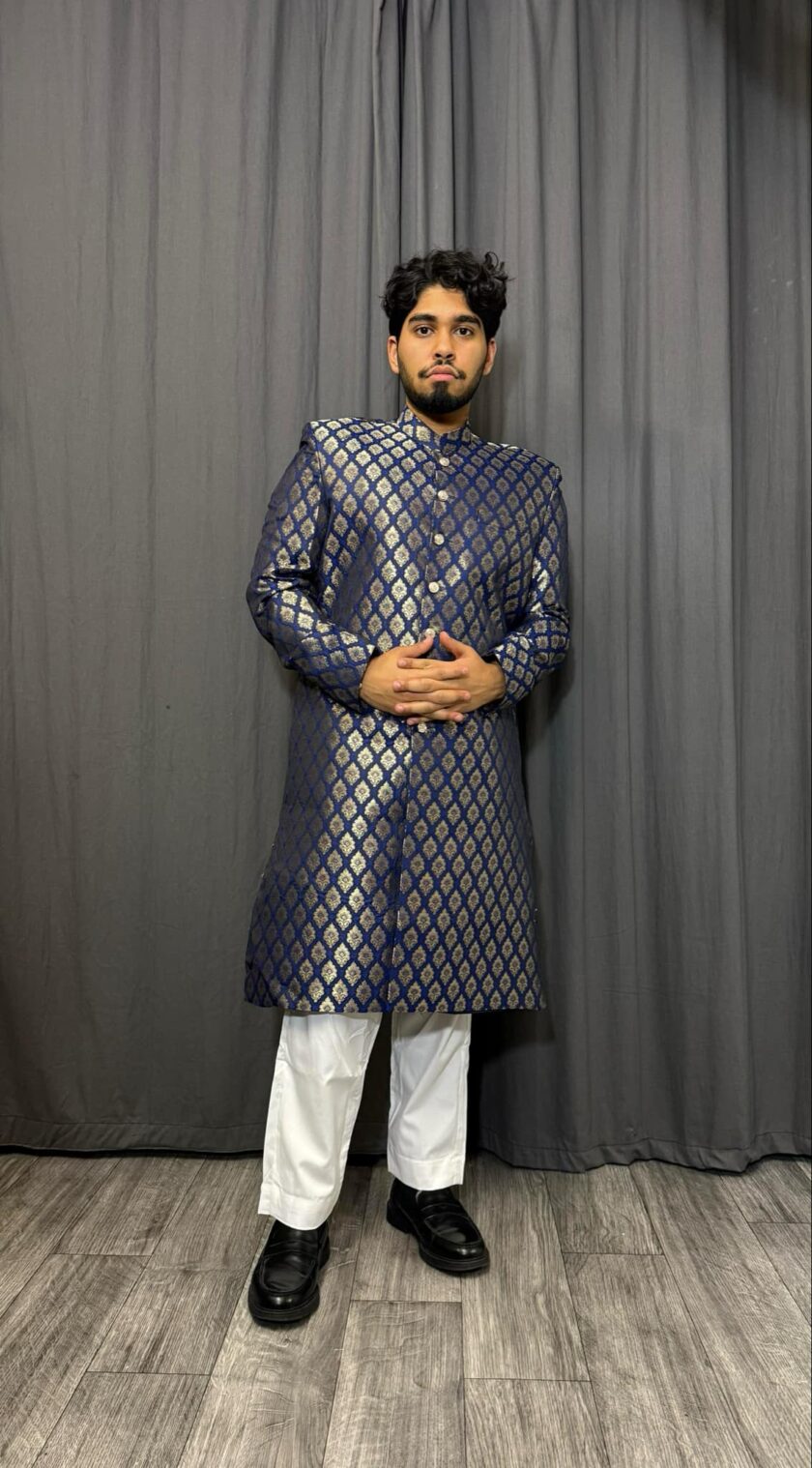 Sherwani banarsi blauw met goud artikel 9445