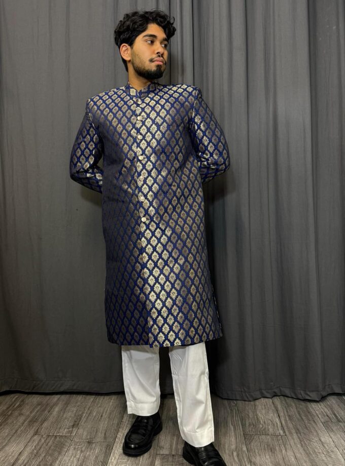 Sherwani banarsi blauw met goud artikel 9445