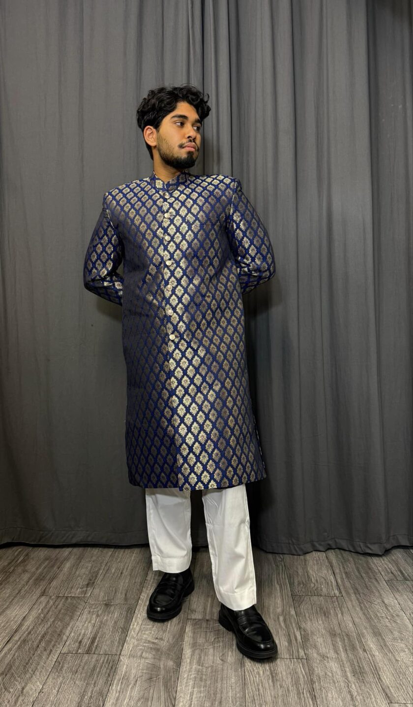 Sherwani banarsi blauw met goud artikel 9445 - Afbeelding 4