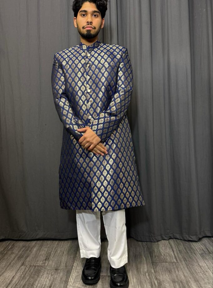 Sherwani banarsi blauw met goud artikel 9445