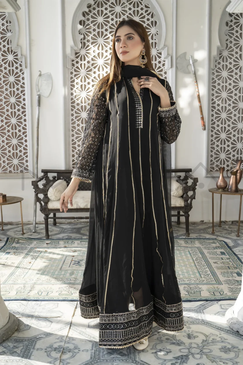 Chiffon maxi zwart met goud