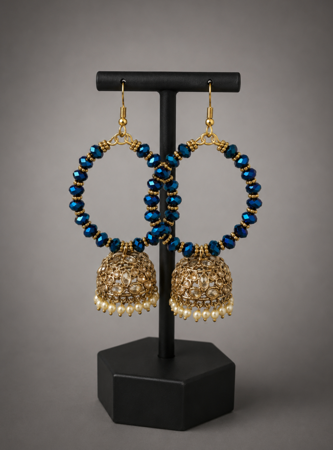 Oorbellen blauw met goud 01649