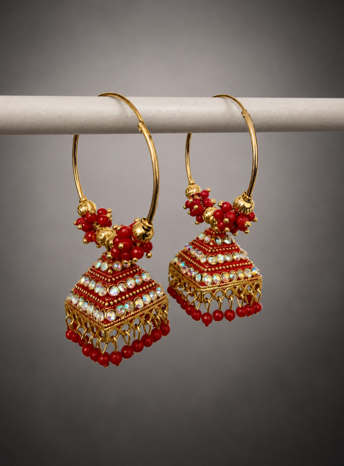 Oorbellen rood met goud 01641
