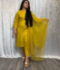 Jacquard print lawn suit mosterd