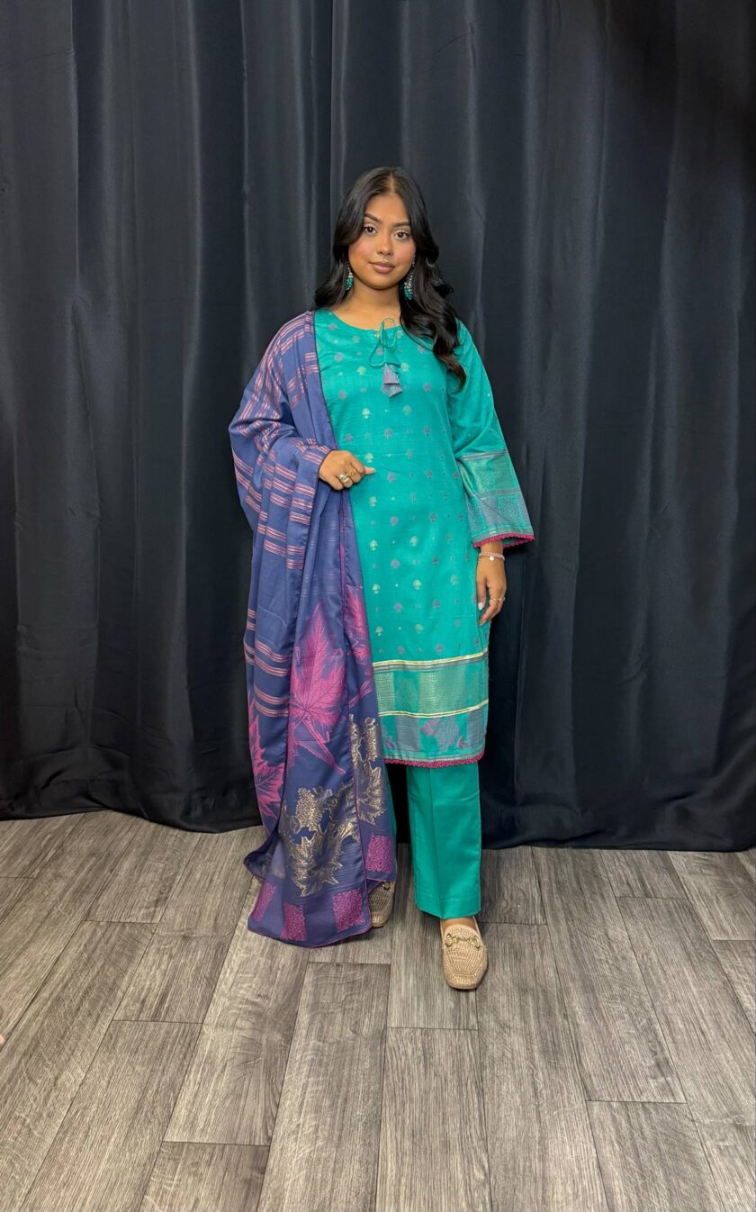 Jacquard print suit met gouden lace firozi - Afbeelding 3