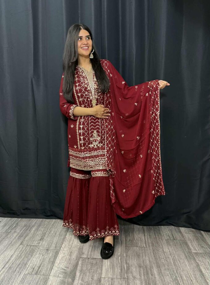 Agha Noor 3 piece gharara bordeaux