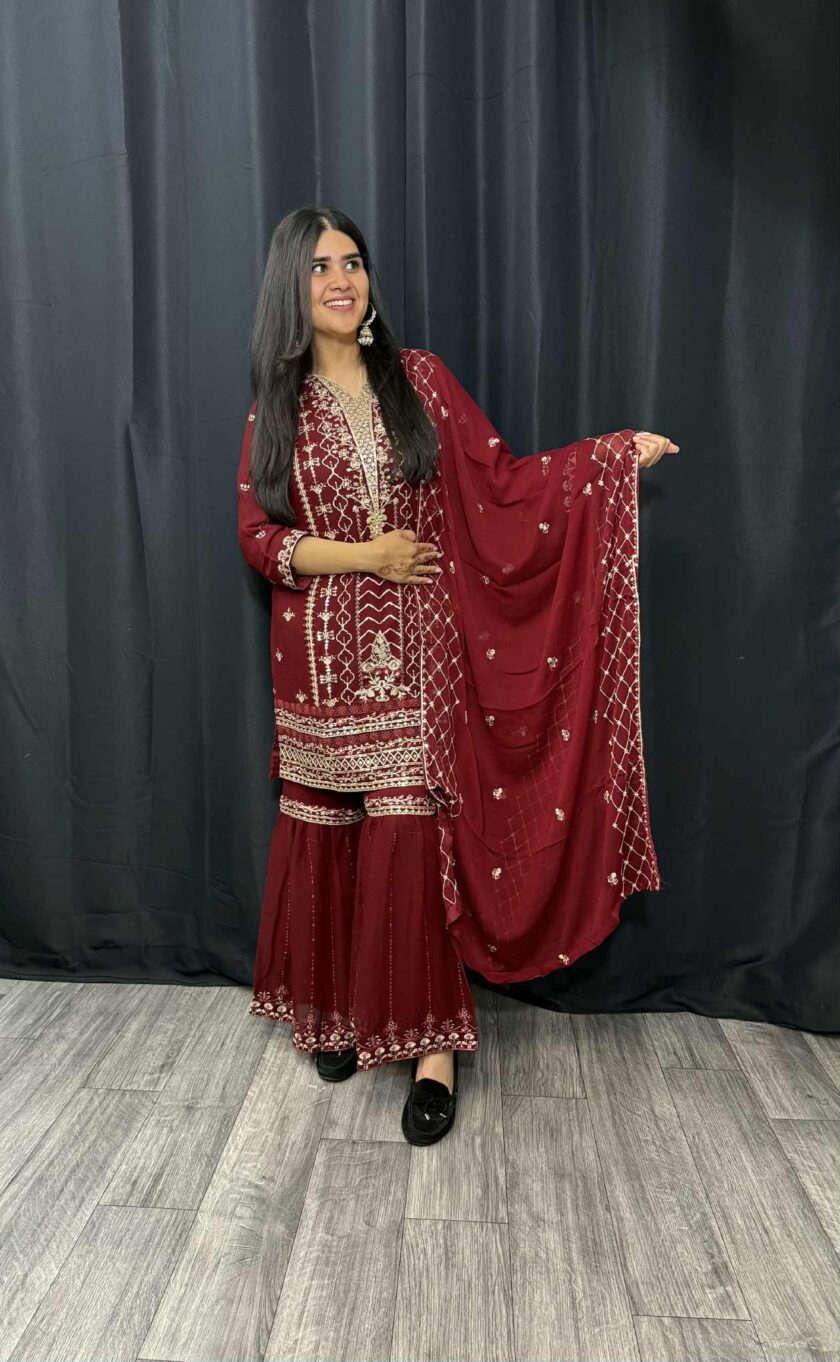 Agha Noor 3 piece gharara bordeaux