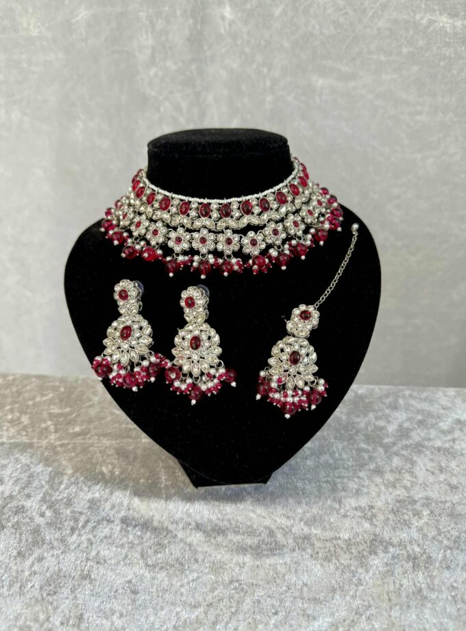 Sieradenset zilver met donkerroze 01745