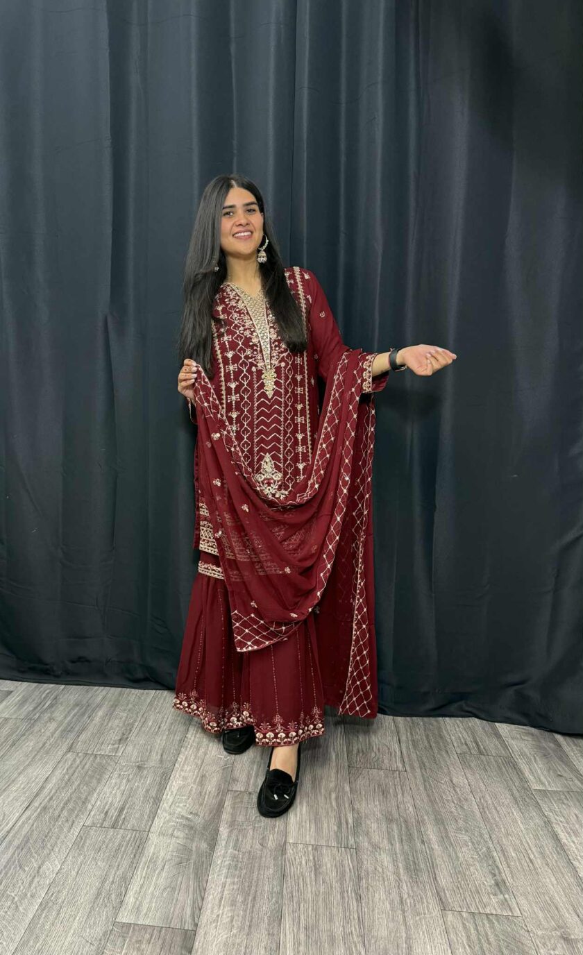 Agha Noor 3 piece gharara bordeaux - Afbeelding 3
