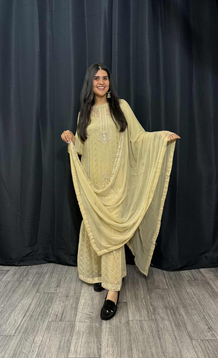 Agha Noor 3 piece gharara crème - Afbeelding 3