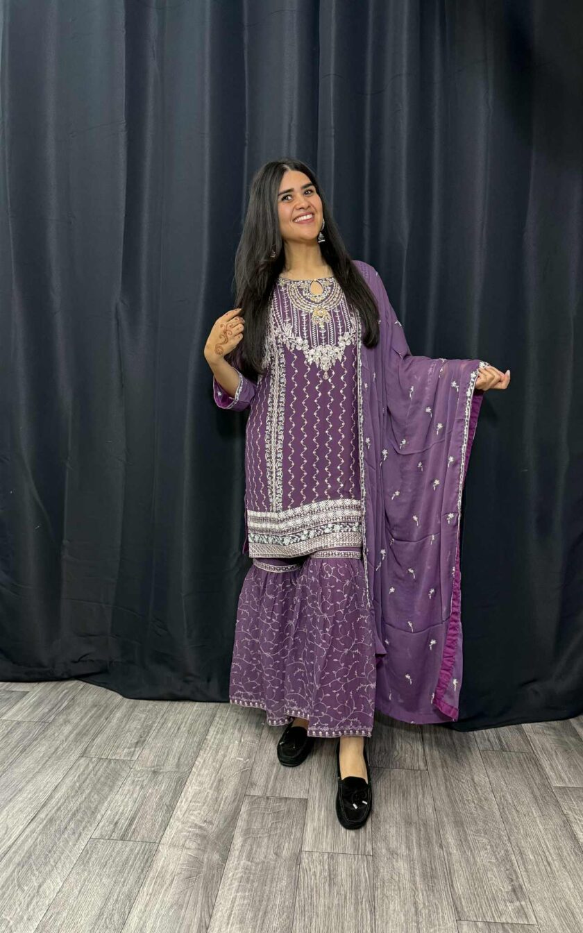 Agha Noor 3 piece gharara paars - Afbeelding 3