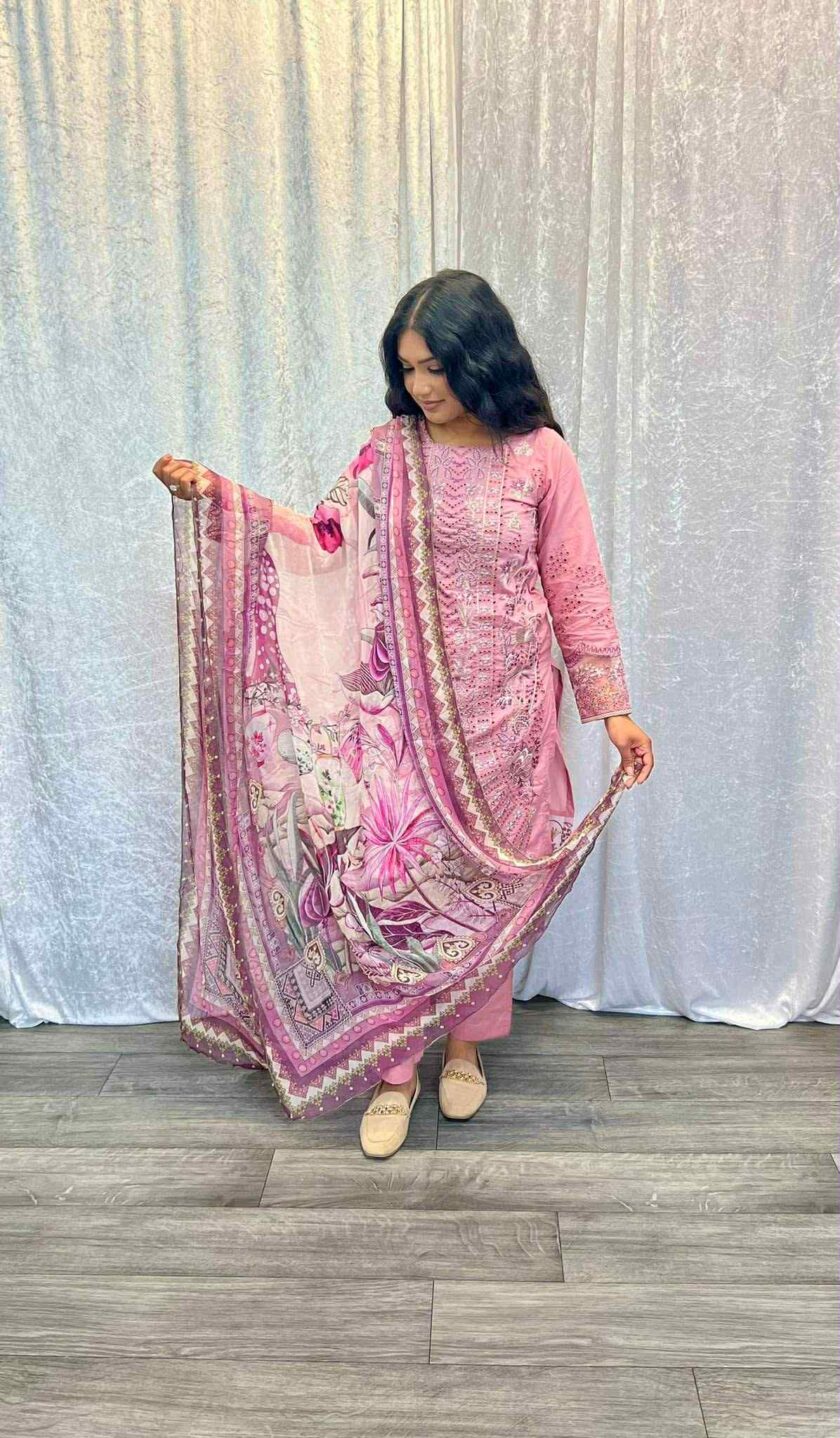 Lawn chickenkari suit met digital print dupatta - Afbeelding 2
