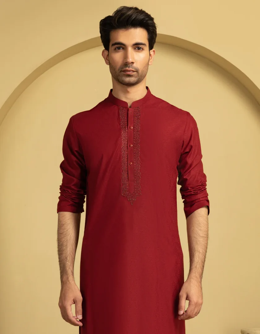 Junaid Jamshed kurta bordeauxrood 11190 - Afbeelding 3