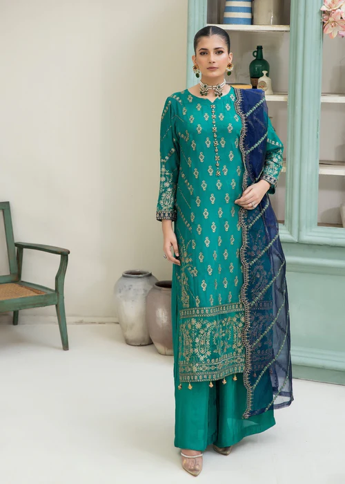 Chiffon suit groen met organza dupatta blauw - Medium