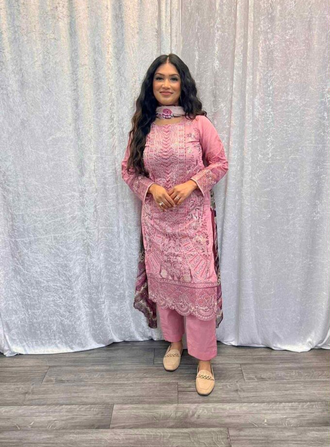 Lawn chickenkari suit met digital print dupatta