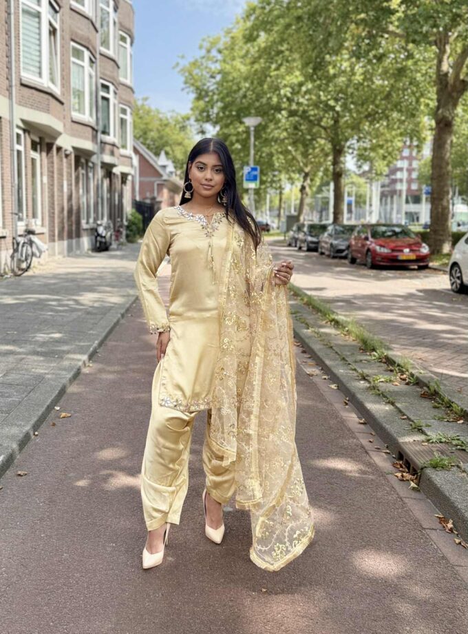 Silk patiala suit met net dupatta 02324