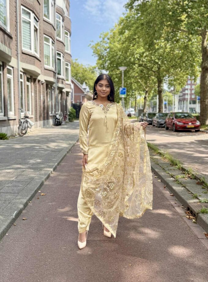 Silk patiala suit met net dupatta 02324