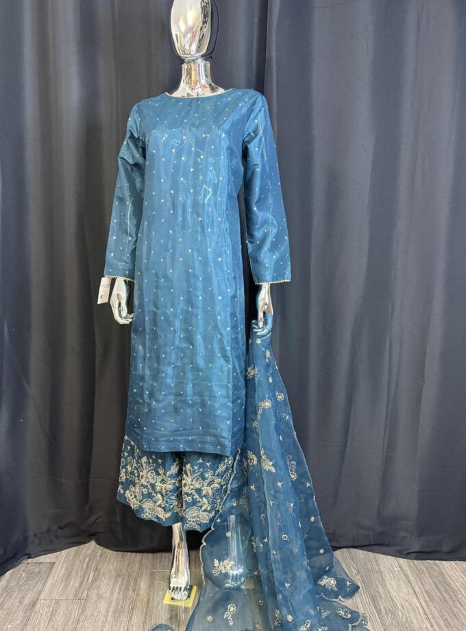 Raw silk pallazo suit blauw