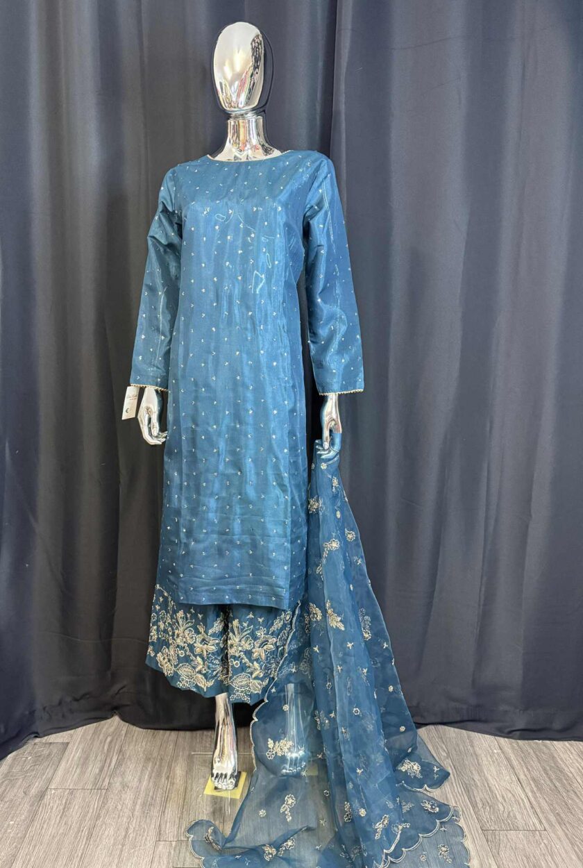 Raw silk pallazo suit blauw