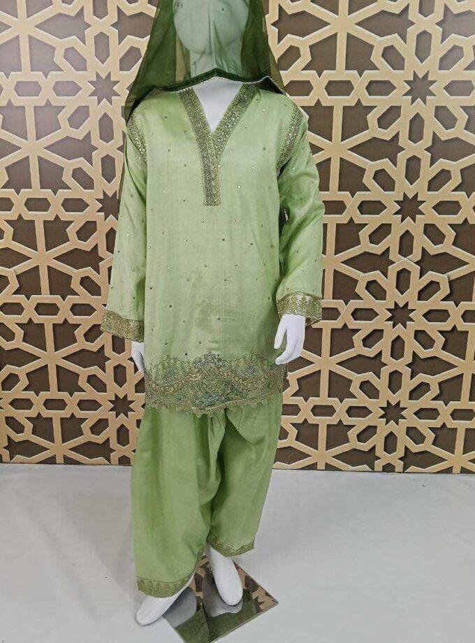 Katan silk shalwaar kameez mintgroen voor meisjes