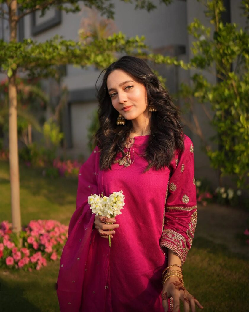 Chambray katan fuchsia driedelige suit - Afbeelding 2
