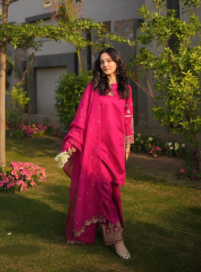 Chambray katan fuchsia driedelige suit