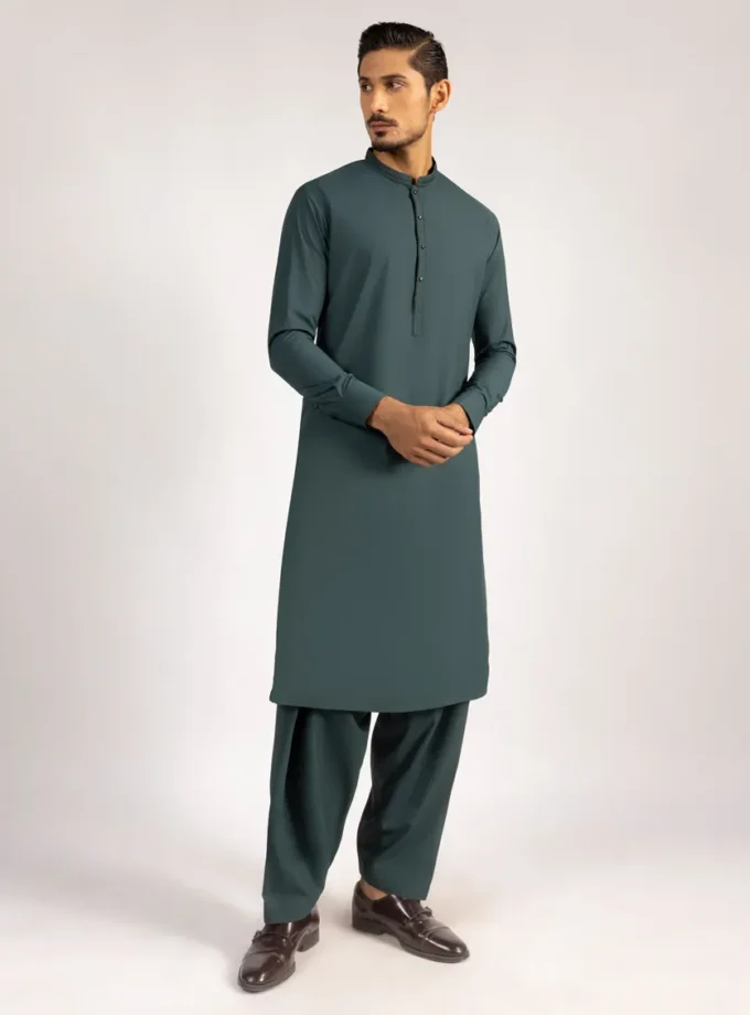 Junaid Jamshed shalwaar kameez - dark green 14581 maat M en L