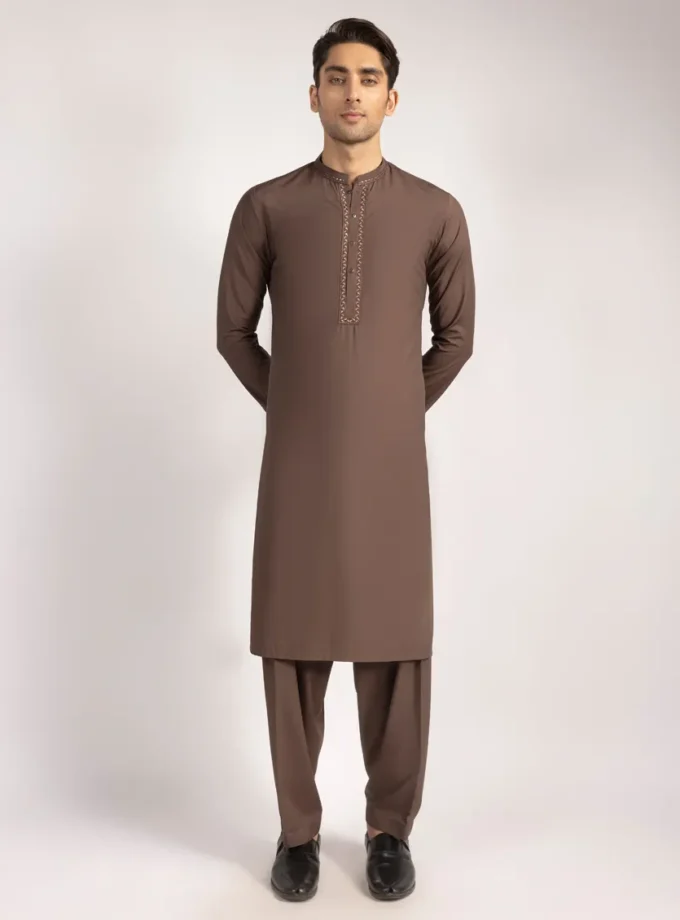 Junaid Jamshed shalwaar kameez - brown 14414 maat M L en XL