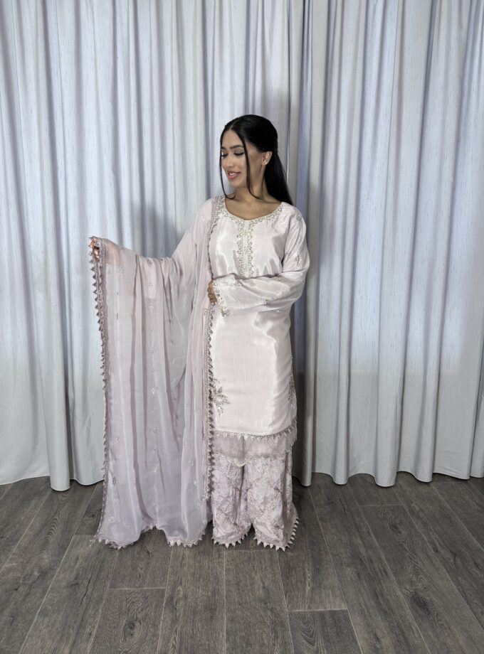 Mona raw silk plazzo suit lila - driedelig 2216