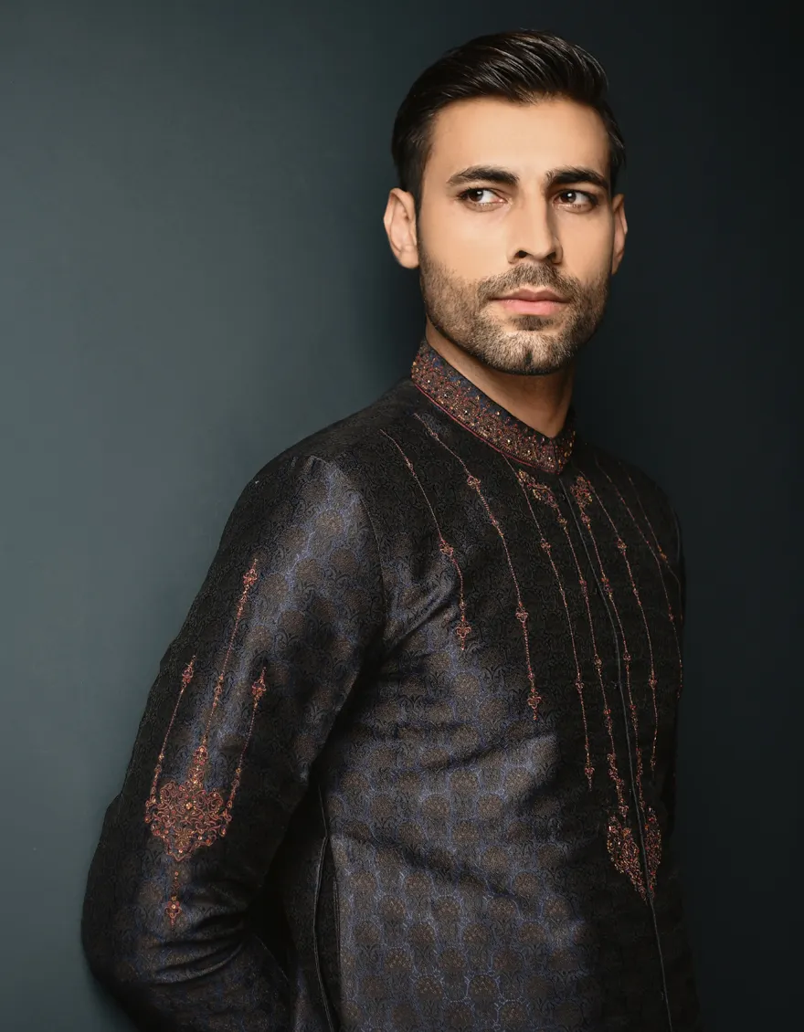 Junaid Jamshed fancy kurta - dark blue maat M L en XL 14637 - Afbeelding 3