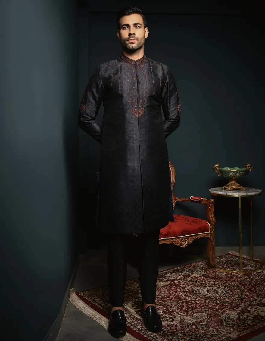 Junaid Jamshed fancy kurta - dark blue maat M L en XL 14637 - Afbeelding 2