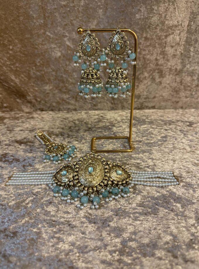 Sieradenset goud met lichtblauw- 14948