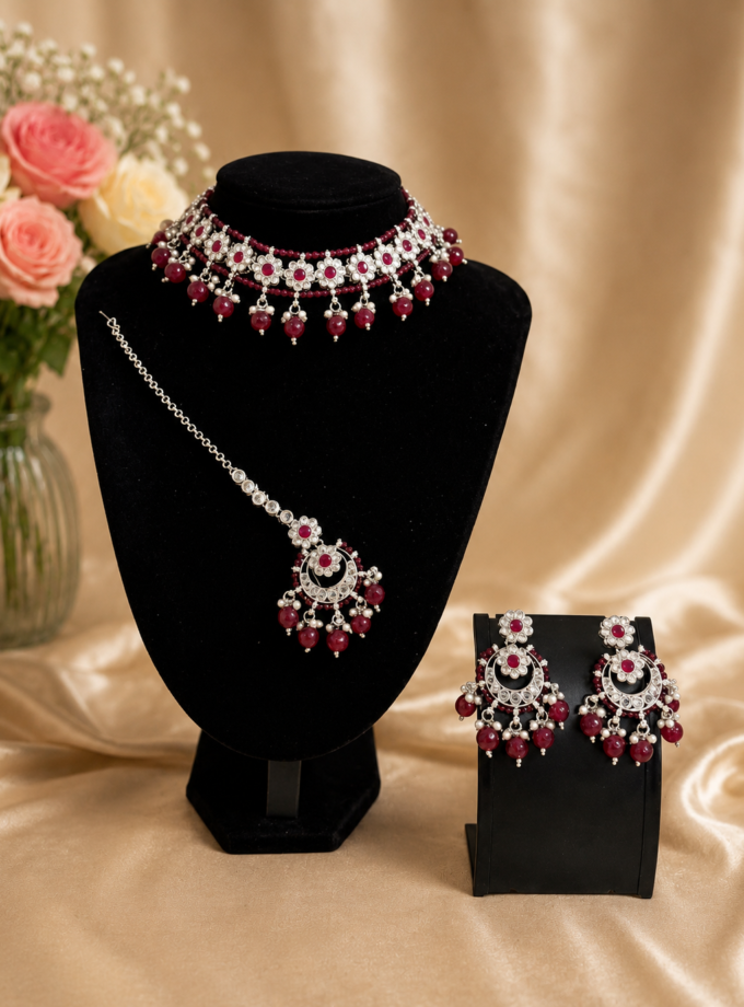 Sieradenset 1039- zilver met bordeaux