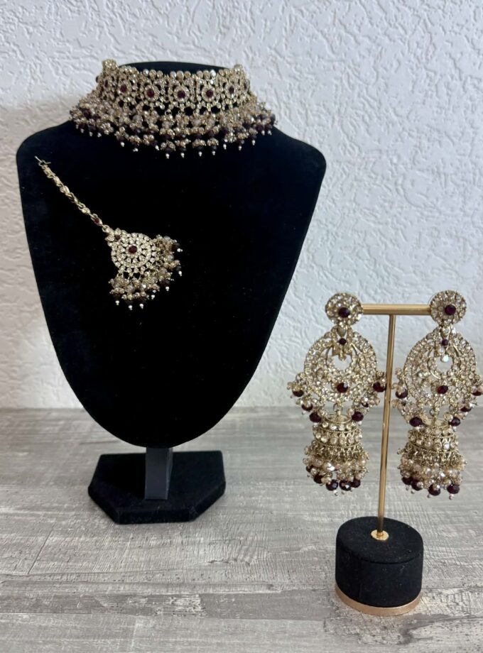 Sieradenset 1040- goud met bordeaux