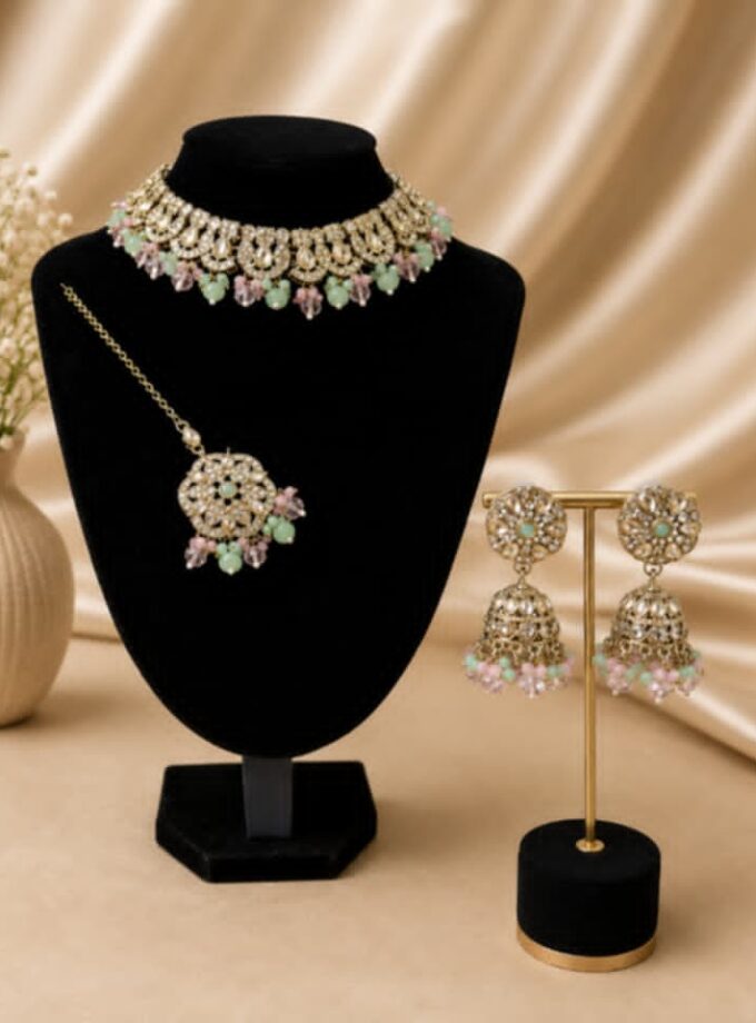 Sieradenset 1048- goud met mintgroen en roze