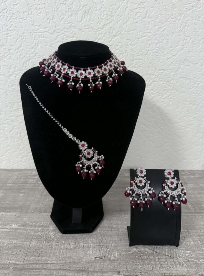 Sieradenset 1039- zilver met bordeaux