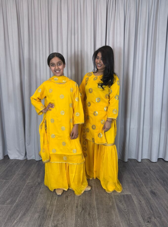 Moeder dochter combi chiffon sharara - geel