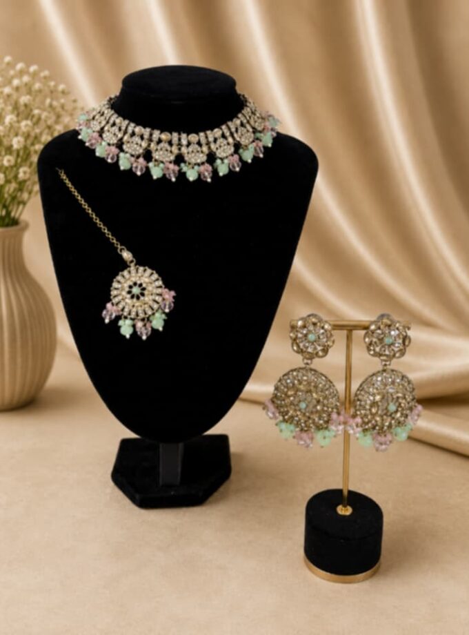 Sieradenset 1049 goud met mintgroen en roze