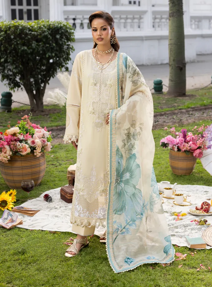 Zarqun fancy lawn suit light yellow - 1612