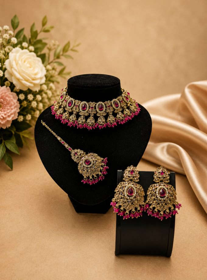 Sieradenset 1070- goud met fuchsia